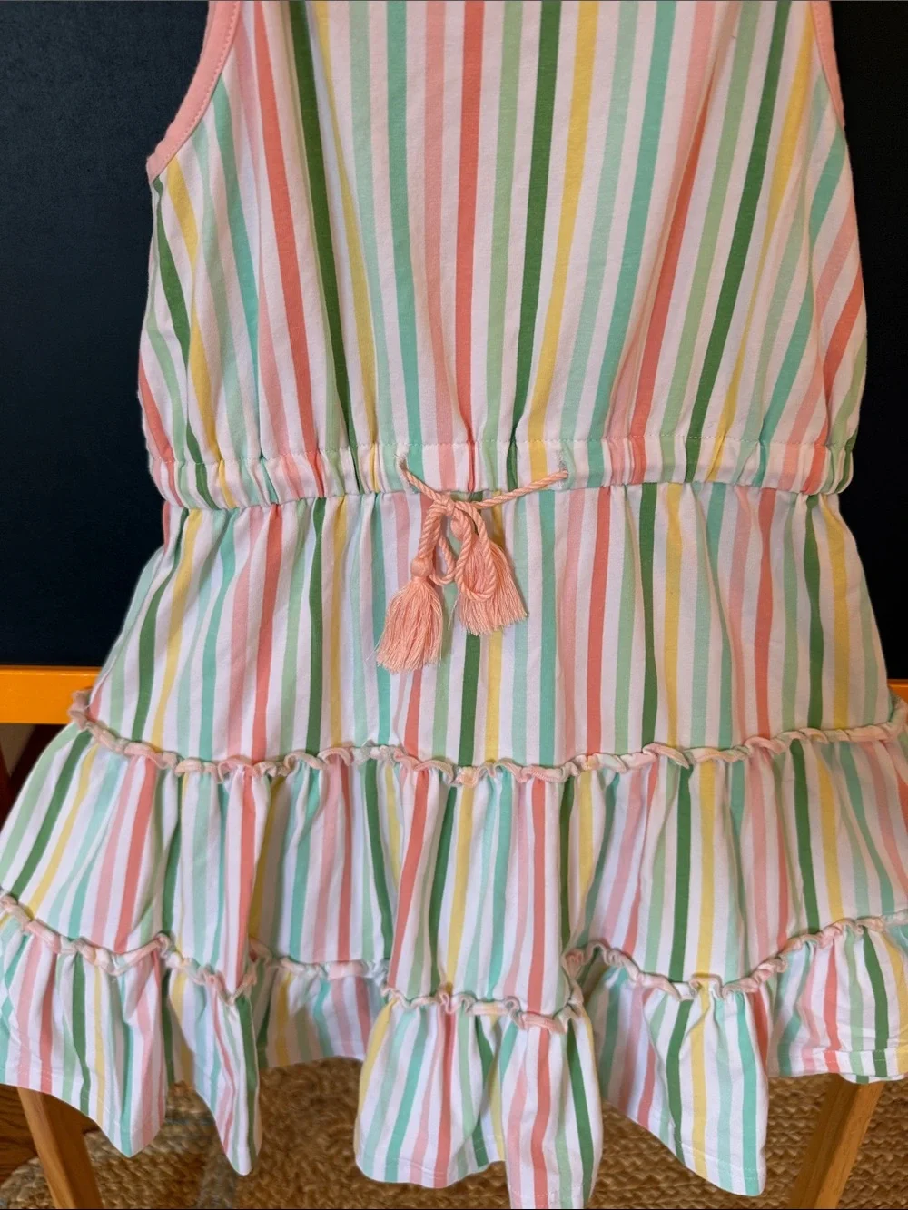 Girls' Pastel Multi-Stripe Tassel Tier Dress - Pink Trim